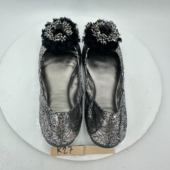Tory Burch Women Size 7.5M Scrunch Amelia Crystal Silver Ballet Flat Shoes - Picture 9 of 11